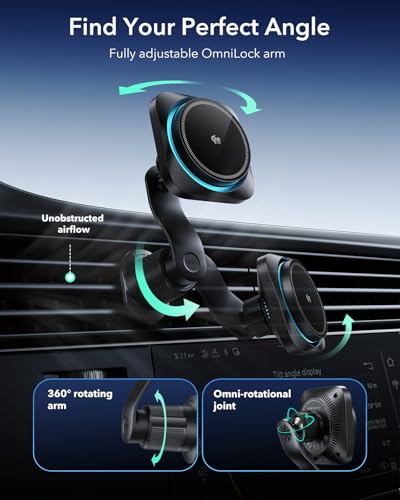 ESR OmniLock Qi2.2 Certified 25W MagSafe Car Mount Charger with CryoBoost, Phone Cooling MagSafe Car Charger, 360° Rotat