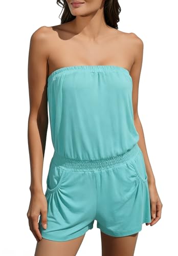 Sumtory Women Off Shoulder Strapless Romper Comfy Beach Shorts Jumpsuit Vacation Outfits Resort Wear Cyan Small
