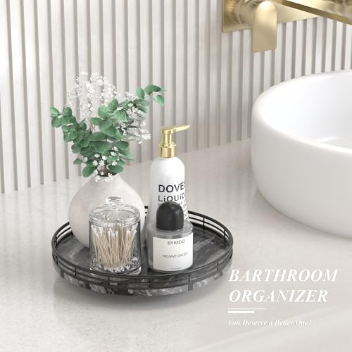 Image of Marble Lazy Susan Turntable for Table Top - 10 inch Round Ancient Wood Grain Marble Tray Organizer for Dining Table, Kitchen Countertop & Bar, Luxury Stone Serving Tray with Black Iron Frame