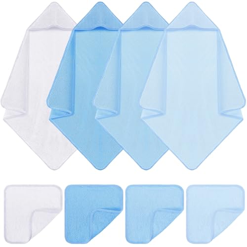 Image of CroBlissful 8 Pcs Muslin Baby Hooded Cotton Towels and Washcloths Sets Cotton Newborn Bath Towel Infant Baby Blankets Absorbent Unisex Newborn Registry Gift for Girls Boys(Blue Series)