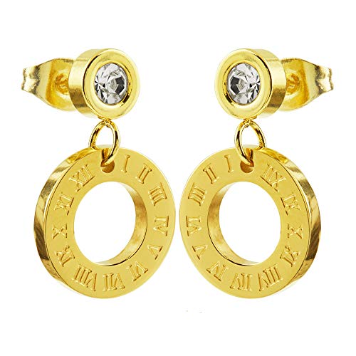 Pendientes para mujer de acero inoxidable con cristales engastados, con anillo de números romanos, reloj de 10 mm de Styleziel A15