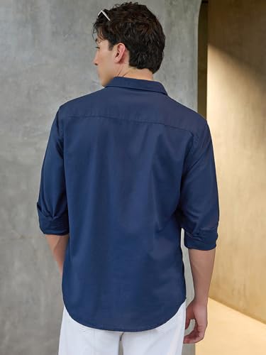 Image of Bewakoof Mens Solid Regular Fit Full Sleeve Collar Cotton Linen Blend Shirt