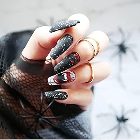 24PCS Halloween False Nails with Glue Stickers,Long Coffin Full Cover Acrylic Nails Press on Nails no Glue,Black Fake Nails Stick on Nails for Women and Girls Nail Art Cover