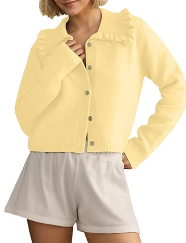 Image of Ythomm Womens Ruffle Collar Cropped Cardigans Button Down Open Front Long Sleeve Knit Sweater Jackets Casual Solid Fall Tops