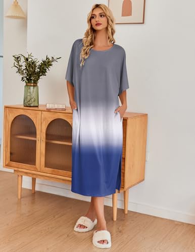 Image of Ekouaer Women's Nightgown Short Sleeve Sleepshirt Long Loungewear Casual Maxi Lounge Dress House Dresses with Pockets