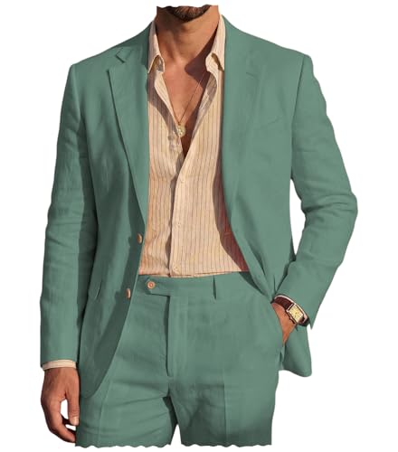 Men's Linen 2-Piece Suit - Casual Breathable Blazer and Pants for Summer Beach Wedding,Light Green-L