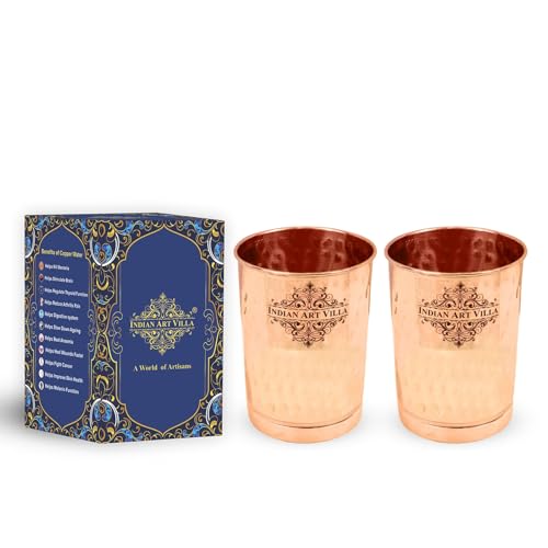 Image of INDIAN ART VILLA Pure Copper Plain Glass with Hammered Design, Drinking Serving Water, Yoga Ayurveda, Volume-300 ml, Pack of 2