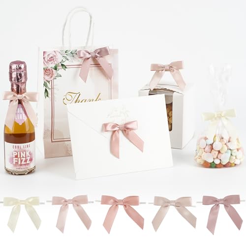 AIMUDI 5 Colors Dusty Rose Bows 2.5" Pink Satin Twist Tie Bows for Gift Wrapping Premade Satin Bows for Making Crafts Treat Bag Baby Shower Birthday Party Wedding Decoration, 50 PCs