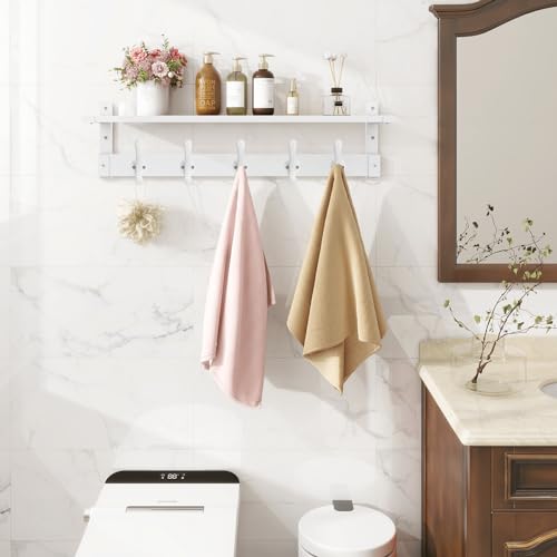 Homode Coat Rack With Wall Shelf, 29" Wooden Entryway Floating Shelf With Hooks Underneath, Hanging Coat Hanger for Bathroom, Living Room, Bedroom, Hallway, White by Homode - Image 5