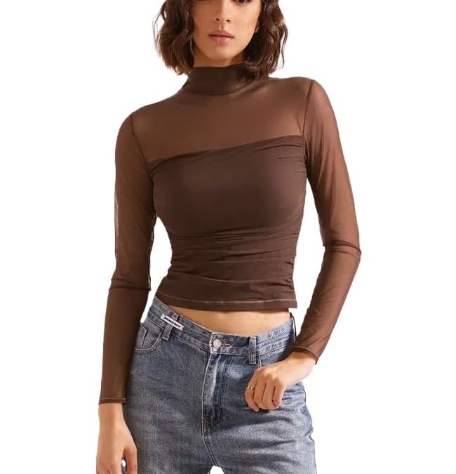 Camicetta da Donna a Maniche Lunghe con Collo Sexy e Camicetta con Maglie Trasparenti e increspate alla Moda(Brown,M)