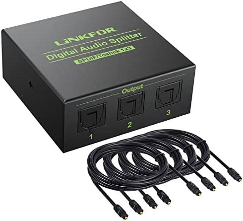 LiNKFOR 3 Port Toslink Splitter with 4pcs 6ft Optical Cable Digital Optical Audio Splitter Aluminum Alloy SPDIF Toslink Fiber Audio Splitter 1 in 3 Out Support Dolby-AC3 DTS for PS3 DVD HDTV