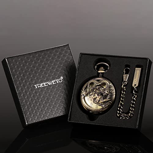 Image of TREEWETO Mens Antique Skeleton Mechanical Bronze Pocket Watch Dragon Hollow Hunter with Chain and Box