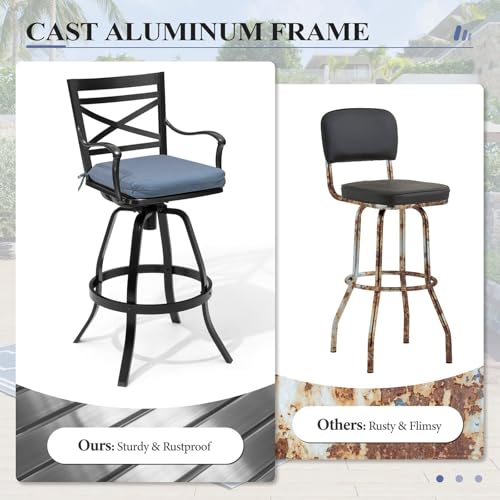 Crestlive Products Heavy Duty Cast Aluminum Outdoor Swivel Bar Stools with Sunbrella Cushion, Patio Bar Height Chair Set of 2, All Weather Black Finish, Outside, Indoor, Commercial Grade(Denim Blue)