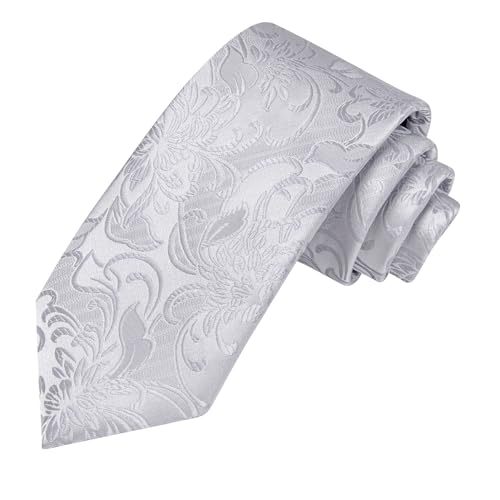 Image of Hi-Tie Silver Gray Ties for Men Set Floral Jacquard Necktie and Pocket Square Lapel Pin Silver Tie Clip Cufflinks Set Wedding Business 6PCS