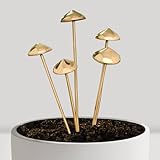 Rainteam 5Pcs Brass Fake Mushroom Plant Stakes Metal Fairy Garden Decor for Potted Plants Indoor Outdoor Plant Accessories Gift for Gardeners & Plant Lovers