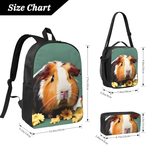 flower guinea pig print Shoulder Bookbags Lunch Bag and Pen Case 17 inches Backpack with Lunch Box, Cute Bookbag Set4