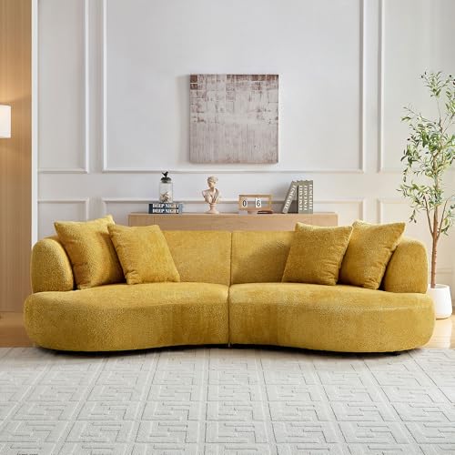 Image of KEIKI 102 inch Curved Oversized Boucle Modular Sectional Sofa with 4 Throw Pillows, Mid-Century 4-Seater Upholstered Corner Plush Comfy Couch, Easy Assembly, for Apartment, Living Room, Yellow