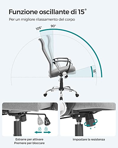Sedia da Ufficio, Sedia da Scrivania Ergonomica, Girevole, Seduta Imbottito, Regolabile in Altezza e Inclinabile, Portata di 120 kg, Grigio OBN034G01 - Sedia gaming - Immagine 4