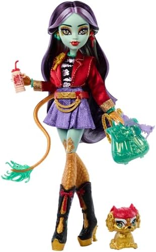 Monster High Jinafire Long Puppe mit Hund | Drachenpuppe mit Hund Cloudy „Yun Yun“ und 7 Zubehör wie Skizzenblock, Joghurtgetränk, Rucksack und mehr, HYV58