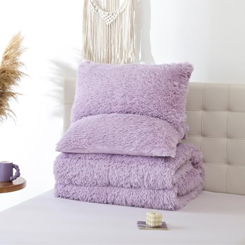 Smoofy Fluffy Queen Comforter Set, Faux Fur Comforter Set Queen Size, Luxury Fuzzy Bedding Set, Soft Shaggy Bed Set for All Season, 3 Pieces - 1 Comforter & 2 Pillowcases, Lavender Purple