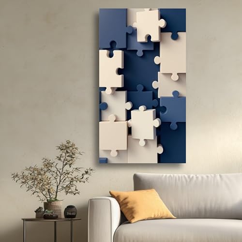 Tableau sur toile abstrait géométrique puzzle bleu et beige 21x30cm - 4