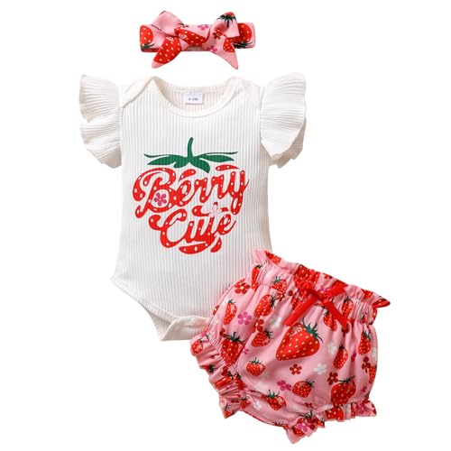 Image of Tiny Cutey Baby Girl Clothes Infant Summer Outfits Set Ruffle Sleeve Romper and Floral Shorts with Headband
