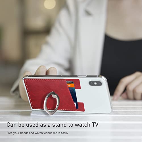 Phone Card Holder With Phone Ring, Ring Wallets Combine A Finger Grip, Phone Ring Stand & Credit Card Sleeve Into Thin Phone Wallets Stick On Universal To Any Cell Phone - Red Leather #TOP5