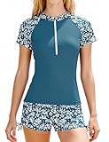 Girls Rash Guard Swimsuit Size 10 Size 12 Short Sleeve Blue Floral Print Bathing Suits for Girls UPF 50+ Sun...