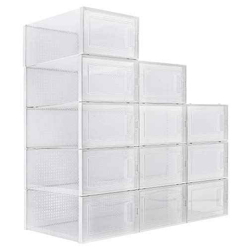 WAYTRIM Foldable Shoe Box, Stackable Clear Shoe Storage Box – Storage Bins Shoe Container Organizer, 12 Pack – White