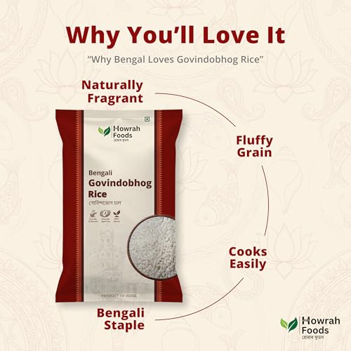 Image of HOWRAH FOODS Premium Govindobhog Rice 2 Kg | Authentic Bengali Aromatic Short Grain Rice | GI Tagged Gobindo Bhog Chawal | Perfect for Bhog, Khichuri, Payesh & Pulao | Taste of Bengal