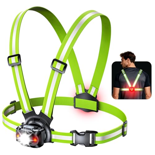 ISEYOU Lauflampe Joggen, Brustlampe Lauflicht mit rotem Rücklicht – Stirnlampe Alternative, 500 Lumen, 45° neigbar, USB-C aufladbar, IPX4, Doppelgurt mit 360° Reflektoren für Camping Outdoor Radfahren