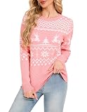 Women's Christmas Reindeer Knitted Sweater Xmas Snowflake Patterns Long Sleeve Elk Printed Pullover Pink M