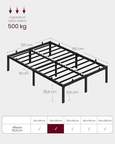 VASAGLE Struttura Letto Matrimoniale, per Materasso 120 x 190 cm, Telaio del Letto in Metallo, Spazio di Organizzazione, Moderno, per Ospiti, Montaggio Semplice, Nero Inchiostro RMB130BD01 - Immagine 1