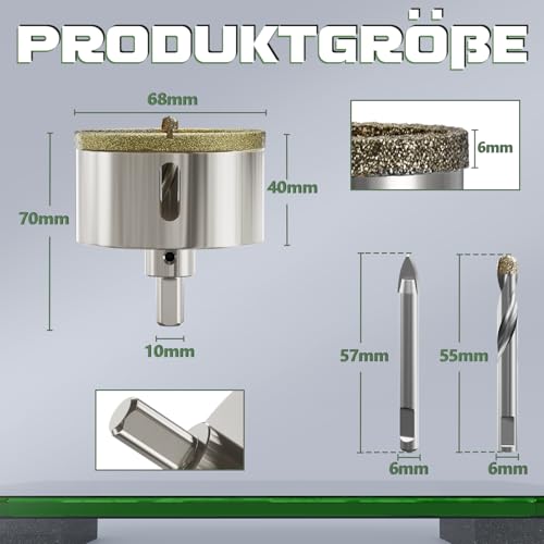 CSOOM 68mm Glasbohrer Lochsäge mit 2*Zentrierbohrer,Bohrkron Fliesenbohrer für Glas, Fliese, keramisches, Marmor, Kalkstein