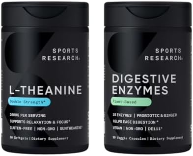Sports Research Double Strength L-Theanine Supplement Suntheanine Softgels for Focus, Relaxation & Alertness with Coconut Oil 60 Count and Digestive Enzymes + Probiotics & Ginger Plant Based 90 Count