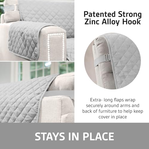 Sofa Shield 100% Waterproof Couch Cover, Patented Slip & Stain Resistant Cushion Protector Straps, US Designed Washable Pet & Dogs Friendly Sofas Slipcover, 78 inch Seat, Oversized, Light Gray