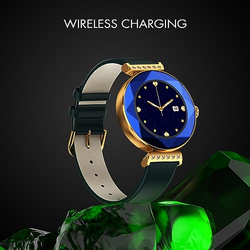 Image of Fire-Boltt Emerald Gemstone-Studded Diamond Cut Smart Watch 27.68mm (1.09 inch) HD Display, Multiple Sports Modes, Health Suite, Wireless Charging, IP68 with Additional Stainless Steel Strap (Blue)