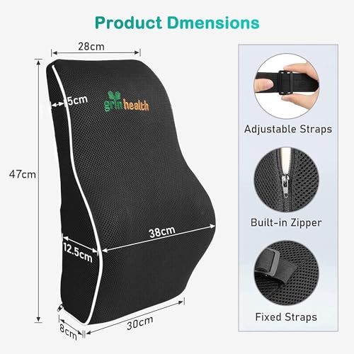Image of Grin Health SitRight Premium Lumbar Support Cushion Cool Gel- Orthopedic High-Density Memory Foam Backrest for Office Chair & Car Seat, Posture Correction & Back Pain Relief (Large, Black)