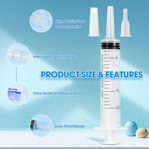 Image of 20ml Syringe for Liquid,5 Pack Large Plastic Syringes with Adapters and Cap,Individually Sealed Syringe for Feeding,Irrigation Water and Scientific Labs