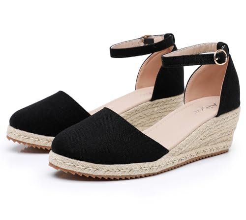 Image of Altxic Women's Closed Toe Canvas Ankle Strap Espadrilles Wedge Sandals