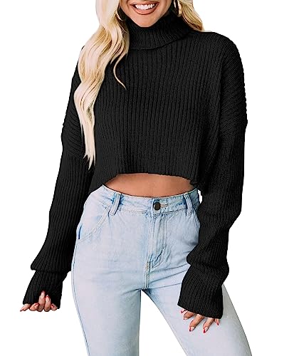 PRETTYGARDEN Women's 2025 Fall Winter Turtleneck Cropped Sweater Causal Ribbed Knit Long Sleeve Pullover Jumper Tops