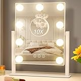 Acoolda Vanity Mirror with Lights, Hollywood Vanity Makeup Mirror with 9 Dimmable LED Bulbs, 3 Color Lighting Modes, Detachable 10X Magnification, 360°Rotation,White