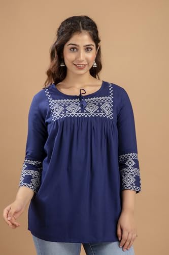 Image of Avayayat Short Kurti for Women | Embroidered Straight Rayon Kurta | Round Neck Full Sleeves Short Kurti for Women's