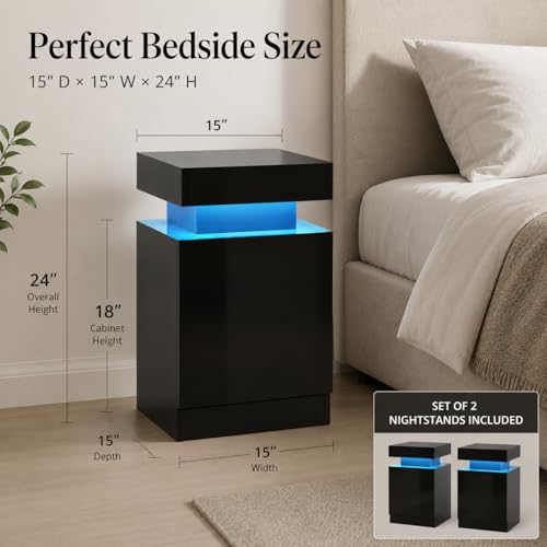 MXV Nightstand with LED Lights & Charging Station, Black Bedside Tables with USB Ports, Storage Cabinet & Drawers for Bedroom, Modern End Tables for Living Room by MXV - Image 4