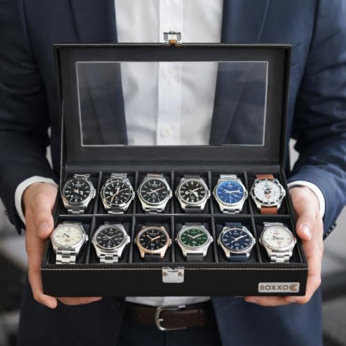 Image of BOXXO 12 Slot Watch Organizer Box for Men & Women - Premium PU Leather Watch Case, Soft Velvet Cushions & Glass Lid Display, Elegant Storage Box - 34x20x8 cm (Black & Black (Transparent), 12 Slots)