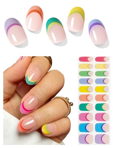 AutyaMee Semi Cured Gel Nail Strips (Candy French) Macaron 20 Pcs Gel Nail Wraps Stickers UV Light Required Salon Quality Long Lasting