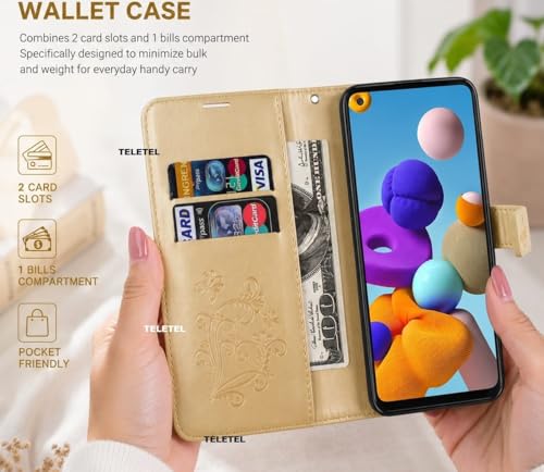 Image of TELETEL Butterfly Magnetic Closure Wallet Card Holder Flip Case for Vivo V50 5G|Mobile Cover|Back Flip Cover - Gold