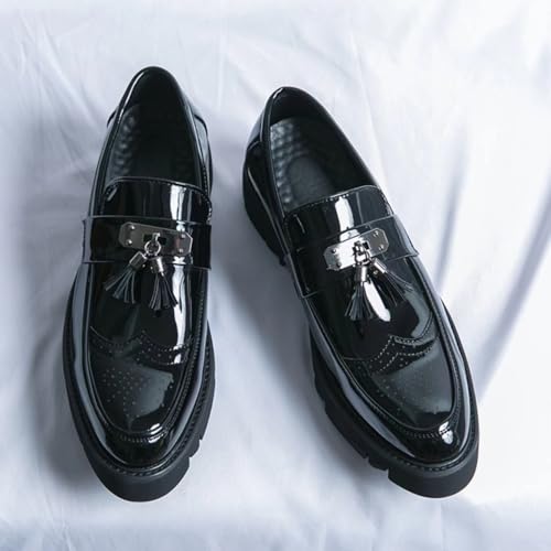 Mens Faux Patent Leather Tassel Slip-On Dress Loafers with Brogue Modern Wingtip Platform Lug Sole Penny Shoes for Business Party Formal 5