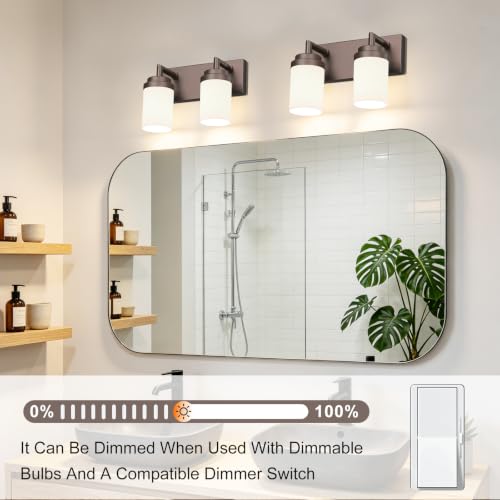 Image of Bathroom Light Fixtures, Oil Rubbed Bronze Bathroom Lighting Fixtures Over Mirror, Modern Vanity Light with White Glass Shade, Restroom Lighting Fixtures, 2-Light 13-inch