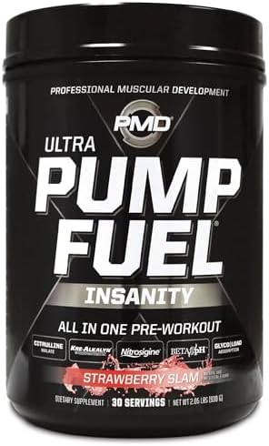 PMD Sports Ultra Pump Fuel Insanity - Pre Workout Drink Mix for Energy, Strength, Endurance, Recovery - Complex Carbohydrates and Amino Energy - Strawberry Slam (30 Servings)